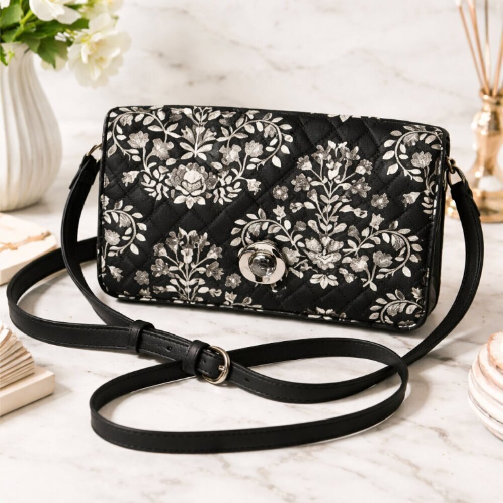 Vera Bradley Black Floral Quilted Crossbody Purse Adjustable Strap